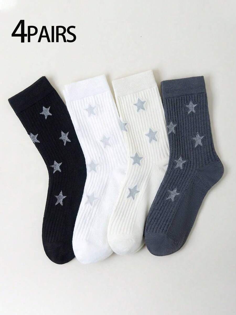 4 paia di calze alla caviglia da donna, con stampa di stelle bianche e nere, design minimalista alla moda, versatili, morbide e confortevoli, traspiranti, adatte per feste e abbigliamento quotidiano