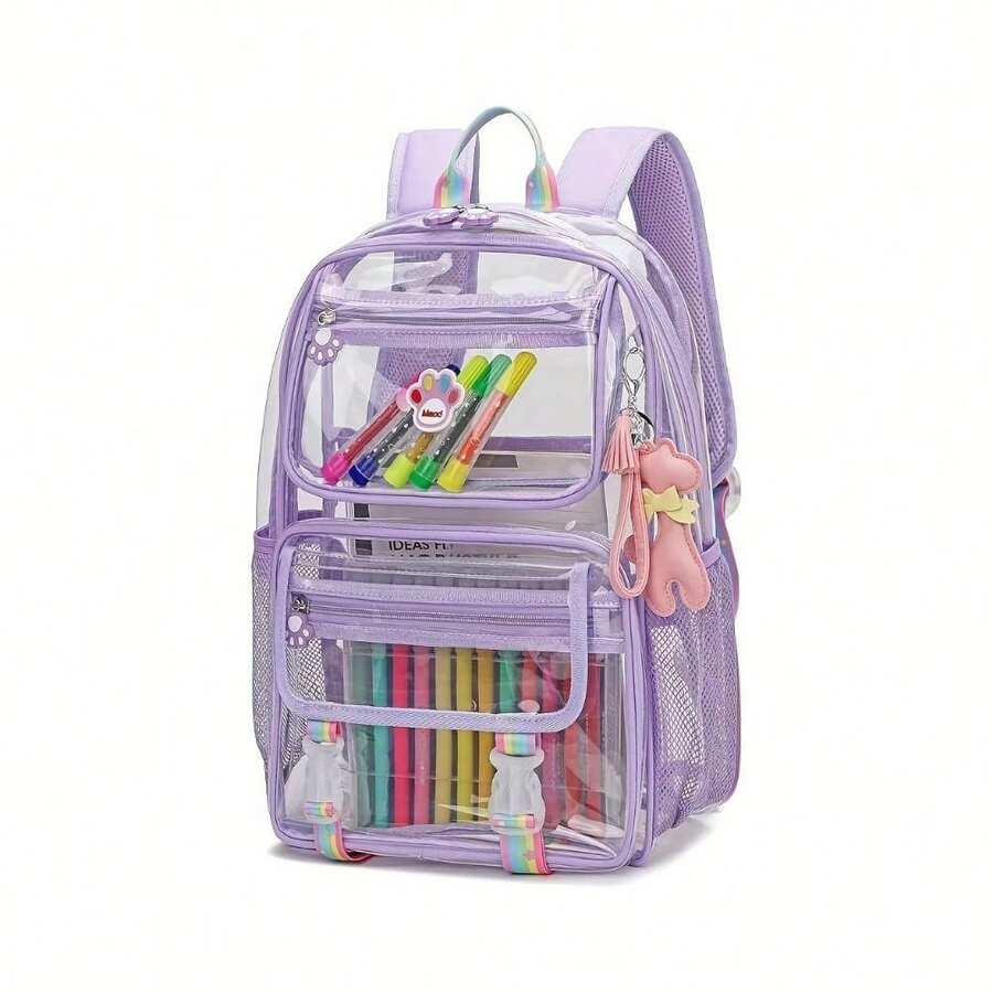 Multi-Functional Oversized PVC Clear Transparent Backpack For School, Campus & Daily Commuting - Stylish Gift-Ready Design With Complimentary Accessories, Perfect Back-To-School Gift (Pink/Purple)