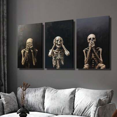 3 piezas de impresión en lienzo, arte de calavera: pose creativa, tímida, temerosa, consumibles increíbles, arte de calavera, adecuado para decoración de pared del hogar, carteles sin marco, planos 2D, regalo perfecto para Pascua, Día del Padre, Día de la Independencia, Día de la Bandera, días festivos, plano 2D, perfecto para decoración de habitaciones, decoraciones de Halloween, decoración de otoño