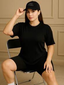 Conjunto casual moda dama de camiseta holgada tipo oversize y short tipo biker, casual verano cómodo - Negro - Ver 2