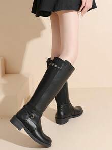 PU Leather Strap Buckle Patchwork Side Zipper Thick Heel Round Toe Casual Comfortable Versatile Autumn/Winter Fashion Boots, Non-Elastic Boot Shaft - Black - View 4