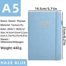 1pc A5 Thick 2026 New English Planner Notebook, 180 Sheets/360 Pages Thick Year Calendar, 365 Daily Plan Agenda Book For Daily Life, Office, School Use, Elastic Band A5 Diary