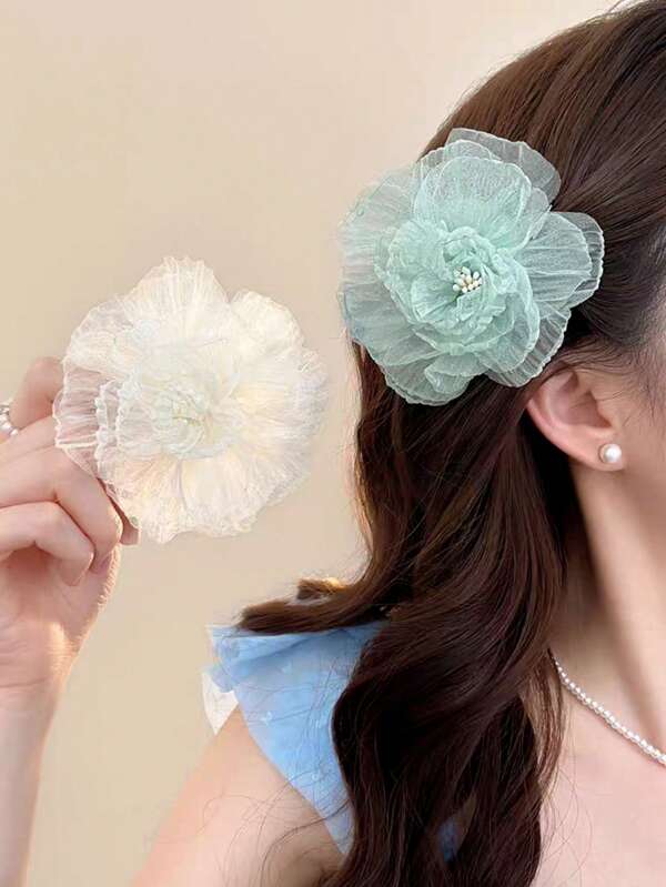 Multi-Purpose 3pcs/Set Lace Big Rose Flower Clips, Wristband, Necklace For Outing, Photoshoot, Parties, Dress Accessories, Solid Color