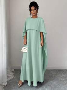 女士优雅纯色长袍连衣裙，适合夏季和秋季穿着 - 薄荷綠 - 查看 5
