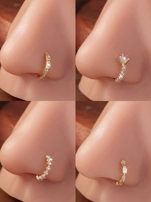 4pcs/Set 20G Plated Gold Full CZ Nose Ring - Delicate Paved Nose Hoop For Women & Men, Hypoallergenic Spiral Nose Piercing Jewelry, Shiny Minimalist Design
