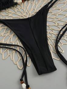 女士休闲系带细肩带比基尼套装，露背上衣和系带下装，饰有串珠，适合度假沙滩穿着，黑色夏季款 - 黑色 - 查看 5