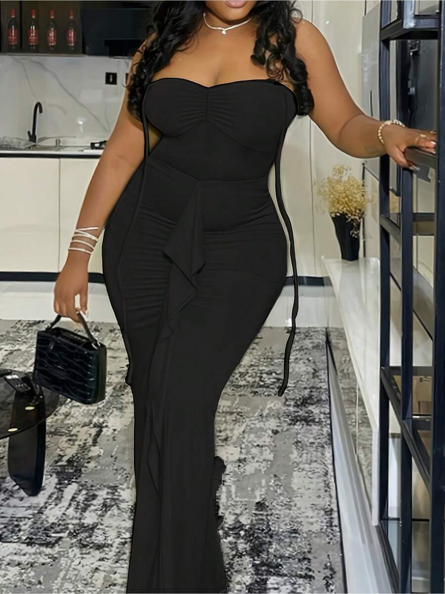 Solid Color Sleeveless Backless Off Shoulder Ruffled Dress Bodycon Maxi Dress - 黑色 - 查看 1