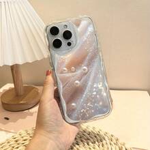 Funda para teléfono 1 funda para teléfono X/ 11/ 12/ 13/ 14/ 15/ 16 Pro |   Funda para teléfono Wave |   Chicas y hombres lindos |   Estampado con perlas de tela brillante Delicado y brillante lujo - Blanco - Ver 3