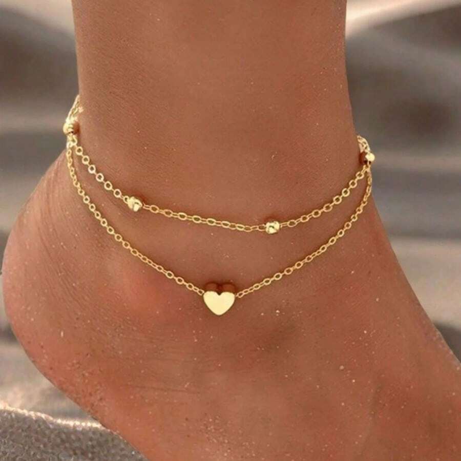 2 Piece Set Women's Stainless Steel Chain Anklet Trinkets Ankle Bracelet For Women , Silver/Gold Tone, Ankle Bracelet Hypoallergenic Women's Gold/Silver Ankle Bracelet, 14K Gold Anklet Waterproof Cuban Chain Heart Beaded Herringbone Rhinestone Anklet Set Layered Anklet Bracelet Women Gold Jewelry Gift Women Sterling Silver Adjustable Anklet, Heart Shaped Handcuff Ankle Bracelet, Summer Foot Jewelry, Stainless Steel/Gold Plated Anklet Love Anklet Personality Double Layer Simple Beach Anklet Accessories Women's Foot Jewelry - Vàng - Xem 1
