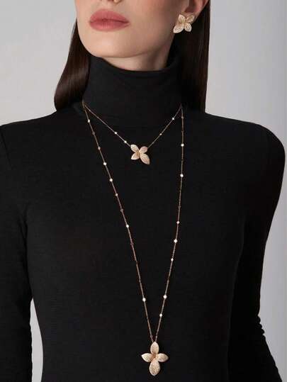 2 件套优雅花朵吊坠双层项链和耳环首饰套装，高端水钻毛衣链项链，时尚舞台配饰