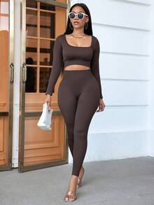 2pcs Women Solid Color Long Sleeve Top And Slim Fit Pants Set, Spring Autumn - Cà phê nâu - Xem 5