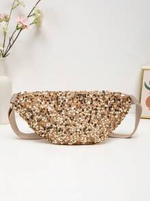 1 件绗缝拉链封口 PVC 闪光腰包/胸包，休闲夏季风格，适合女性户外、旅行、派对、宴会