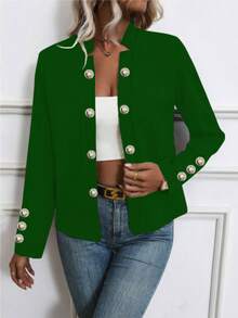 女士薄款纽扣长袖夹克，纯色，春/秋 - 綠色 - 查看 2