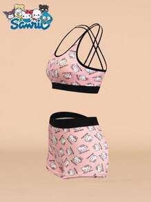 Sanrio 1 Set Sanrio Hello Kitty Printed Cross Back Camisole, 2-In-1 With Built-In Cup Holder, Versatile Casual Inner/Outer Wear, Fitted Sports & Yoga Outfit, Suitable For Spring, Summer, Autumn & Winter