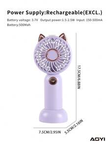 AOYI 1pc Rechargeable Misting Fan With 3-Speed Adjustment, Cartoon Design Handheld Fan With Charging Cable & Base - Multicolor - View 8