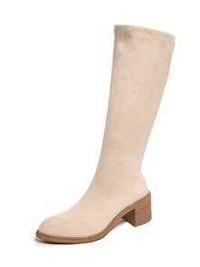 2025 Jesień/Zima Nowe Damskie Wysokie Buty Grube Nogawki, Okrągły Nosek Wysokie Buty Do Jazdy Z Wysokim Obcasem I Szerokim Obwodem Cholewki, Kolor Biały