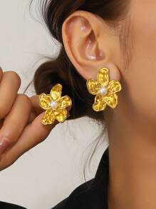 1 Pair Elegant Delicate Pearled Flower Stainless Steel Gold Luxury Clip-On Earrings For Women, Suitable For Daily Wear, Commute, Party, Gift