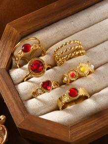 6pcs Vintage Stainless Steel Gold Tone Rings With Red Gem, Beaded Design, Open Style, Suitable For Women's Daily Wear, Gift For Holiday, Engagement, Wedding
