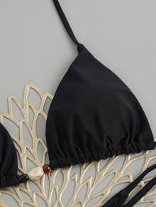 女士休闲系带细肩带比基尼套装，露背上衣和系带下装，饰有串珠，适合度假沙滩穿着，黑色夏季款 - 黑色 - 查看 4