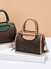 1pc Vintage Patchwork OL Style XMF Letter Print Handbag, Large Capacity Boston Shoulder Bag