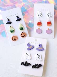 3 Pairs Halloween-Themed Acrylic Dangle Earrings With Baked Enamel Wizard Hats & Sugar Skull Pumpkin Bat Design, Cute And Fun Party Gift Earrings For Women Girls
