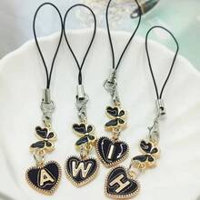 1pc Metallic Heart & Alphabet Letter A-Z Charm Phone Pendant - Black - View 2