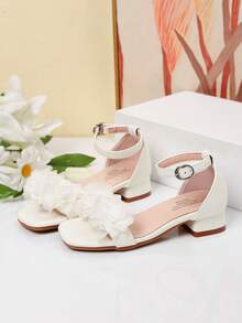 Summer Square Toe Square Heel Floral Decor Sandals, Girls High Heel Dance Shoes, Student Performance & Daily Activity Sandals - White - View 4