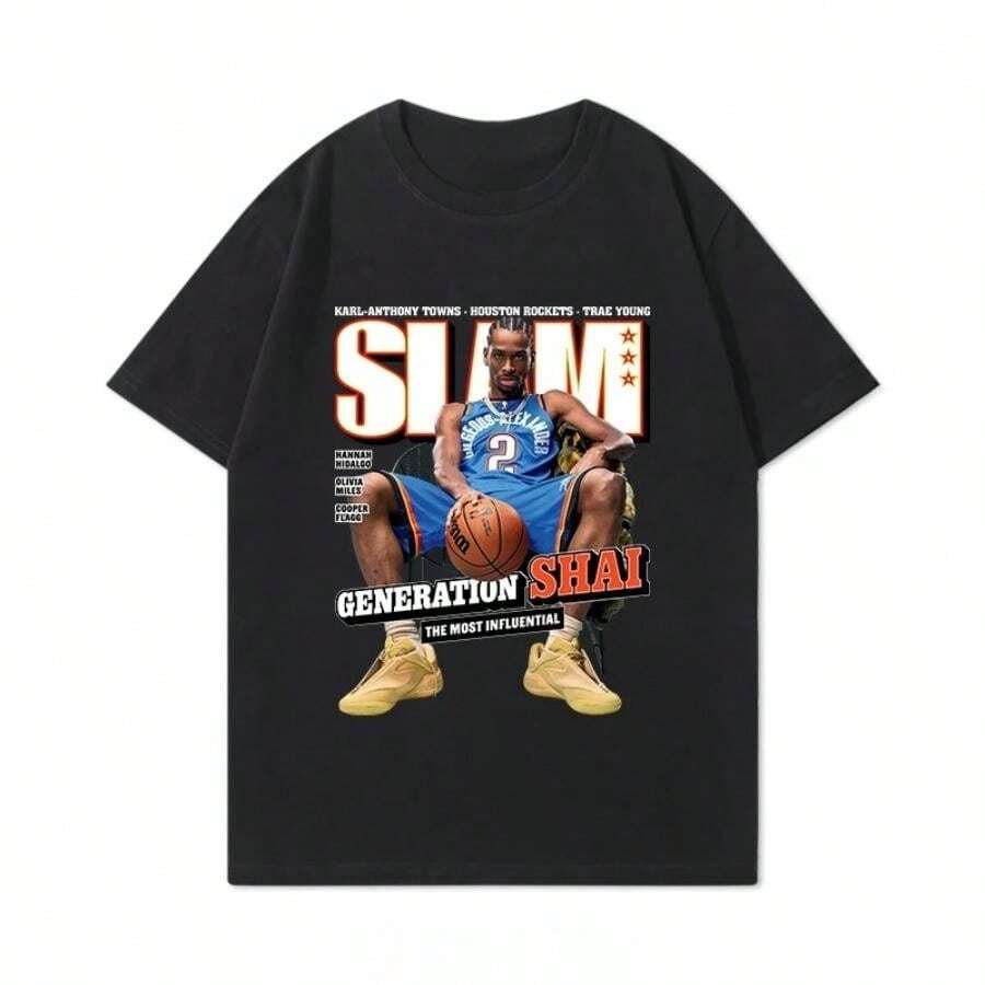 2025 Thunder Alexander SGA Casual Basketball Cotton T-Shirt Men Women High Quality Harajuku Fun Round Neck Short Sleeve - 黑色 - 查看 1