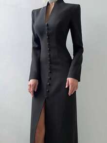 女士V领长袖及踝连衣裙，优雅经典开衩设计，纯色梭织面料，休闲舒适黑色春季款 - 黑色 - 查看 7