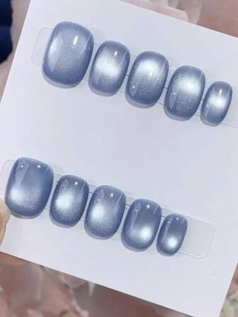 10pcs Pure Handmade Press On Nails Short Oval Nails Bule Nails Y2k Simple Gentle Style Cat Eye Solid Color Fine Shimmer For Women And Grils Spring Summer Fall Winter Festivals Holiday Dailys Life Use