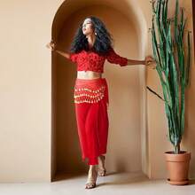 Chiffon Belly Dance Hip Scarf With 128 Coins For Yoga Class - Red - View 4