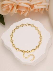 Luxury Sparkling Lucky 4-Leaf Clover Shape Zirconia Stainless Steel Bracelet & Bangle Set For Women, Elegant Daily Wear And Gift - Yellow Gold - View 14