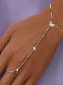 1 Pc Bohemian-Style Octagonal Star And Sun Rhinestone Finger Ring Bracelet, Summer Beach Silver Finger Chain, A Perfect Gold Jewelry For Friends And Mom As A Holiday Wedding Gift