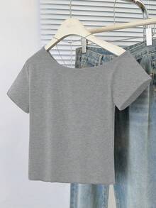 1 件女式休闲不对称领口短袖短款上衣，合身 - 灰色 - 查看 10