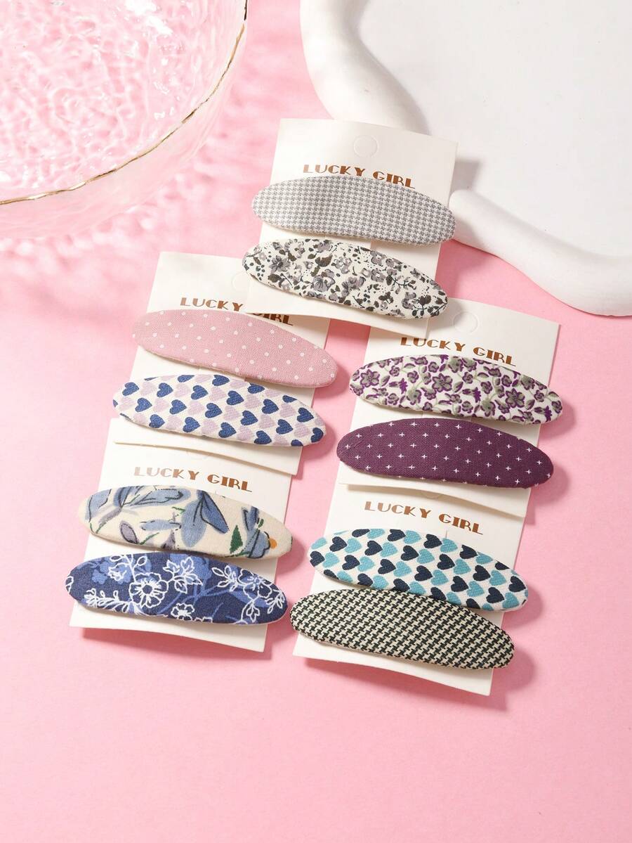 10pcs/Set Women Fabric Heart Pattern Hair Clips, Houndstooth Fabric Oval Hair Barrettes, Minimalist Versatile Hair Accessories - Multicolor - View 1