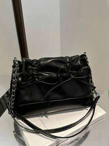 蝴蝶结装饰 1 件黑色抽绳褶蝴蝶结装饰 Pu Mate Rial 翻盖拉链单肩包，配有可调节肩带，适合日常通勤装使用，时尚蝴蝶结钱包，适合女士