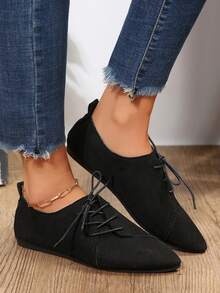 女士系带平底鞋，复古尖头绒面平底鞋，舒适复古一脚蹬鞋 - 黑色 - 查看 2