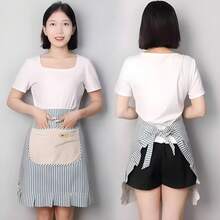 Kitchen Cooking Apron With Pockets, Cotton Striped Waist Apron, Stylish And Cute Half Apron For Restaurant - 藍色 - 查看 3