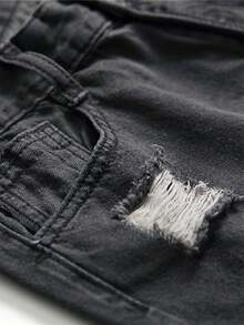 Men's Embroidered Ripped Stretch Jeans, Motorcycle Emblem Embroidery Stretch Skinny Jeans - Black - View 7