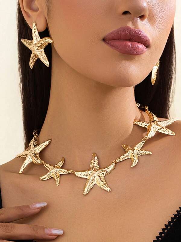 3 Pcs/Set Fashionable Metal Textured Starfish Earrings Necklace Set Metal Starfish Stud Earrings,Suitable For Beach Wear