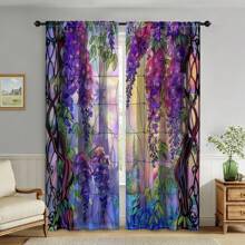 2pcs-[Purple Floral Print Artistic Drapes] Wisteria Stained Glass Curtains Dreamy Garden Style Purple Floral Print Artistic Painted Design Romantic Spring Drapes Colorful Leaves Pattern Rod Pocket Set Of 2 Panels For Living Room Bedroom Kitchen Bathroom Window Sun Shade