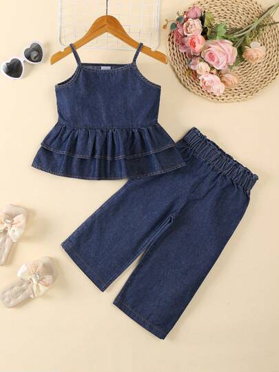Baby Girl Summer Outfit - Sleeveless Ruffle Crop Top With Casual Washed Denim Shorts, Fashionable & Versatile, Suitable For Summer Travel, Beach Or Daily Wear
