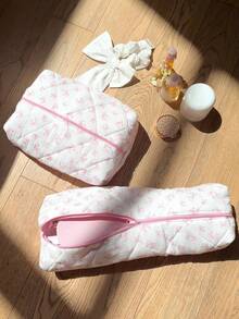 Bow Pattern Pink And Cute Quilted Makeup Bag,Hair Tool Pouch Organizer Bag,Large Capacity Travel Floral Cosmetic Bag Cute Pouch, Makeup Brushes Storage Bag For Women Autumn University Essentials Travel Essentials Holiday Vacation Travel Bag For Women Makeup Organizer Make Up Bag - Pink - View 4