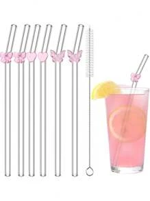 6er Pack wiederverwendbare Glas-Trinkhalme mit Schleifen-Charm - bruchsichere gebogene Trinkhalme Set + Reinigungsbürste - elegante Trinkhalme für Cocktails, Smoothies & kalte Getränke (20cm)