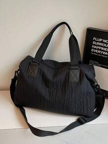 1 件纯色褶皱尼龙单肩托特包，大容量时尚女士手提包，适合度假、旅行、户外运动 - 黑色 - 查看 2