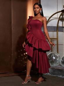 Faeriesty Distinctive Fashion One Shoulder Dress With Ruffle Shoulder Detail And Asymmetric Tiered Skirt | Elegant Modern Dress Suitable For Wedding Receptions, Galas, And Romantic Date Nights Spring - Burgundy - View 4