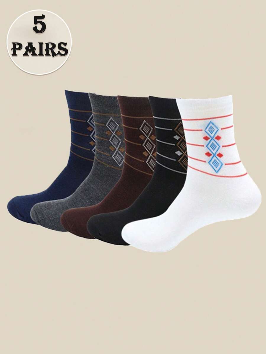 5 Pairs Assorted Men's Diamond Pattern Printed Casual Business Mid-Calf Socks, Retro Style Everyday Wear - Multicolor - View 1