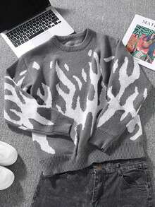 1pc Tween Boy Round Neck Long Sleeve Pattern Detail Casual Sweater