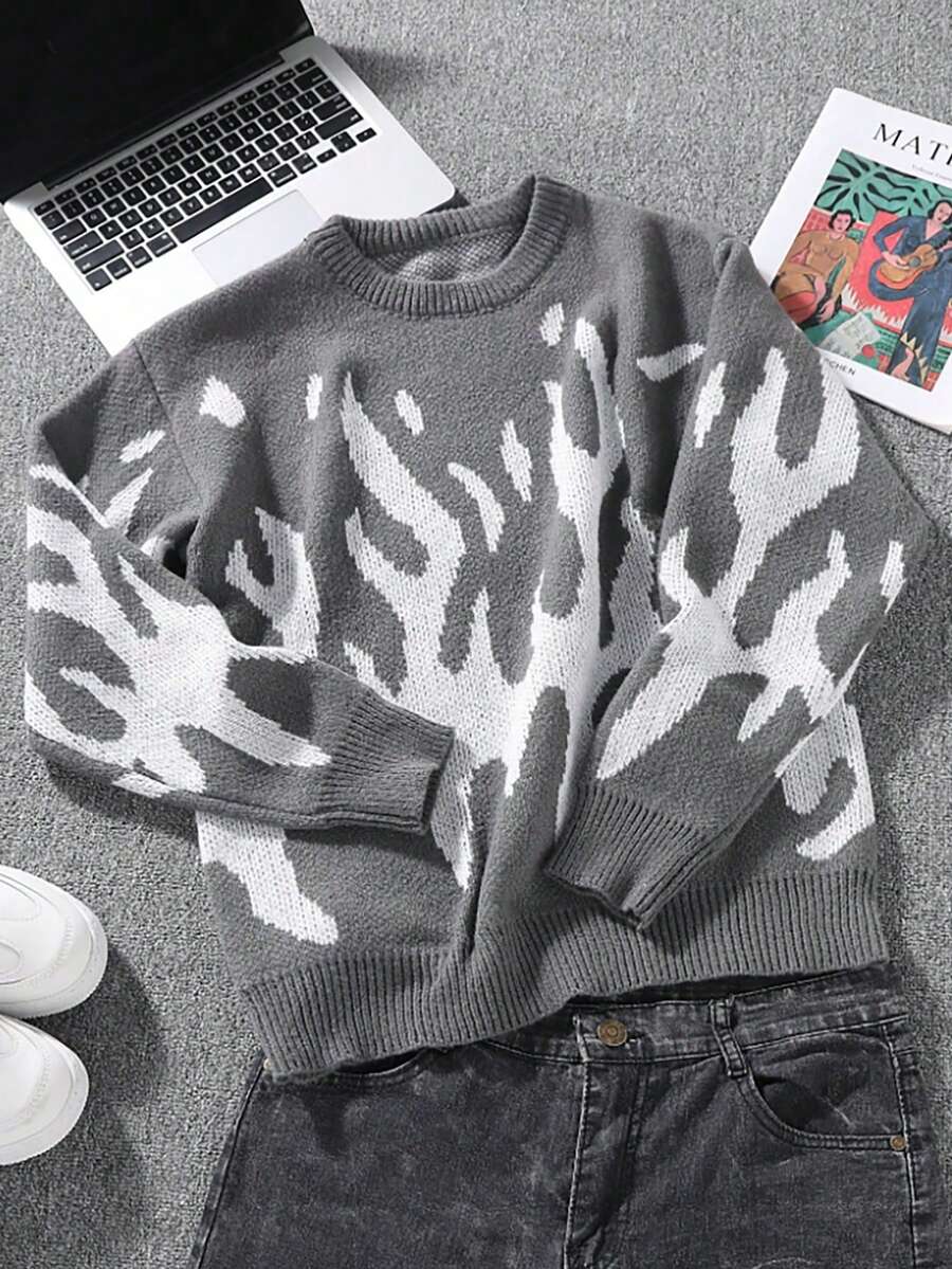 1pc Tween Boy Round Neck Long Sleeve Pattern Detail Casual Sweater