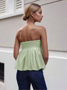Women Sexy Strapless Ruffle Hem Tube Top Summer Solid Sleeveless Backless Tube Top Pleated Peplum Flowy Bandeau Top - 綠色 - 查看 2
